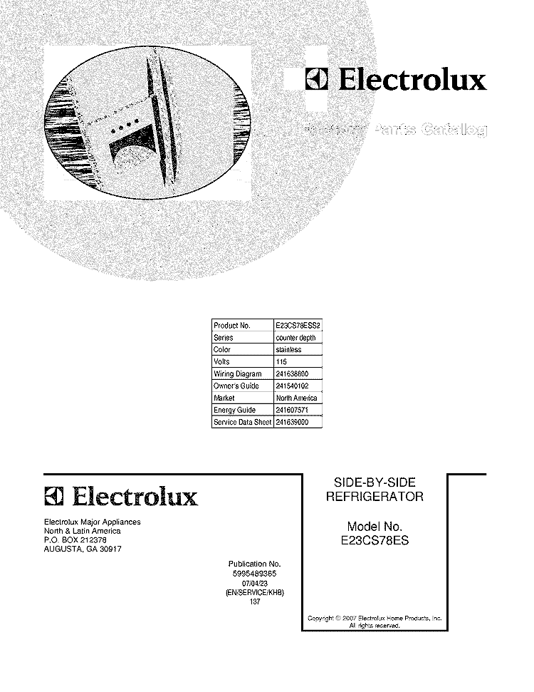 COVER Diagram and Parts List for E23CS78ESS2  Electrolux Refrigerator