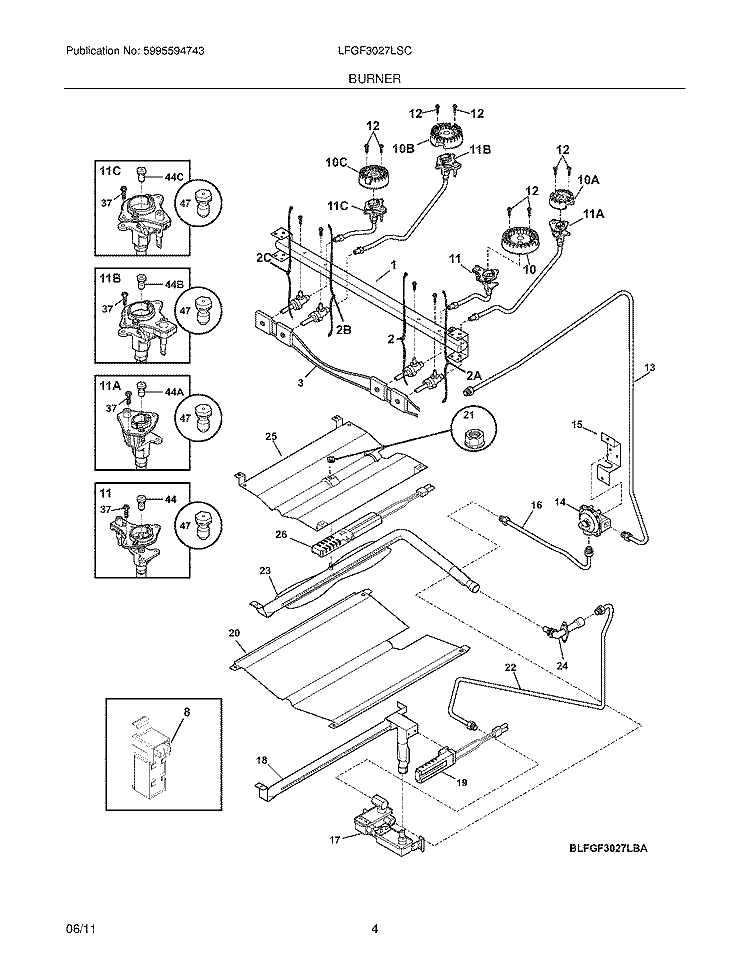 BURNER Diagram and Parts List for LFGF3027LSC  Frigidaire Range
