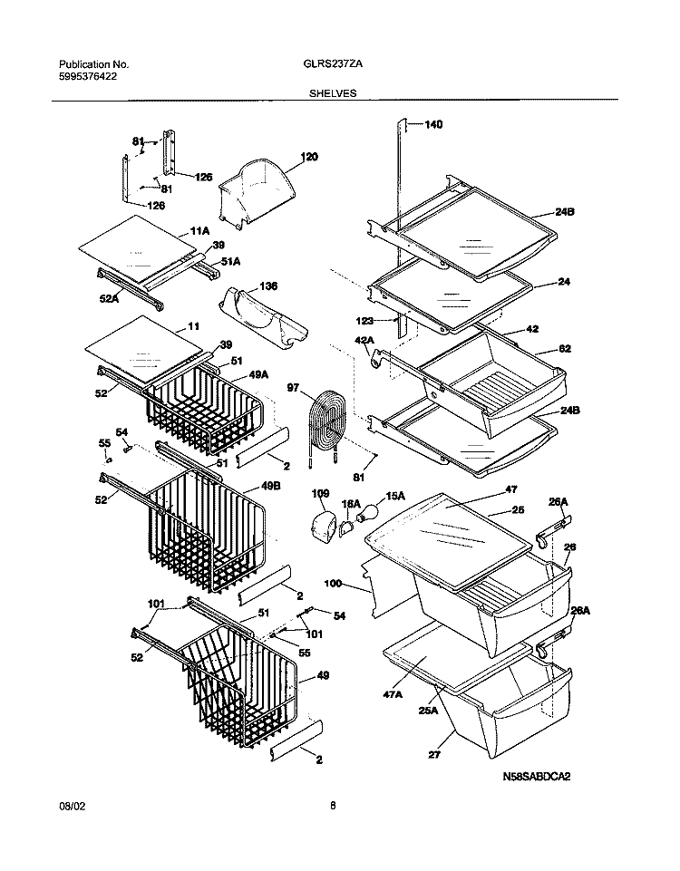 SHELVES Diagram and Parts List for GLRS237ZAW6  Frigidaire Refrigerator