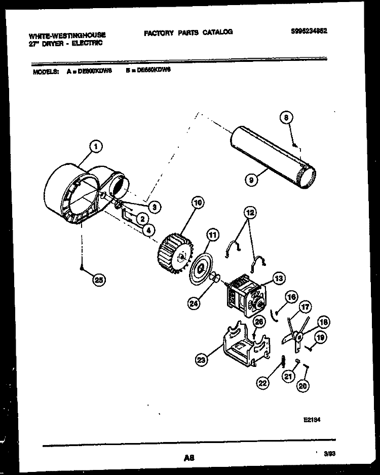 BLOWER AND DRIVE PARTS Diagram and Parts List for DE650KDD6  Frigidaire Dryer