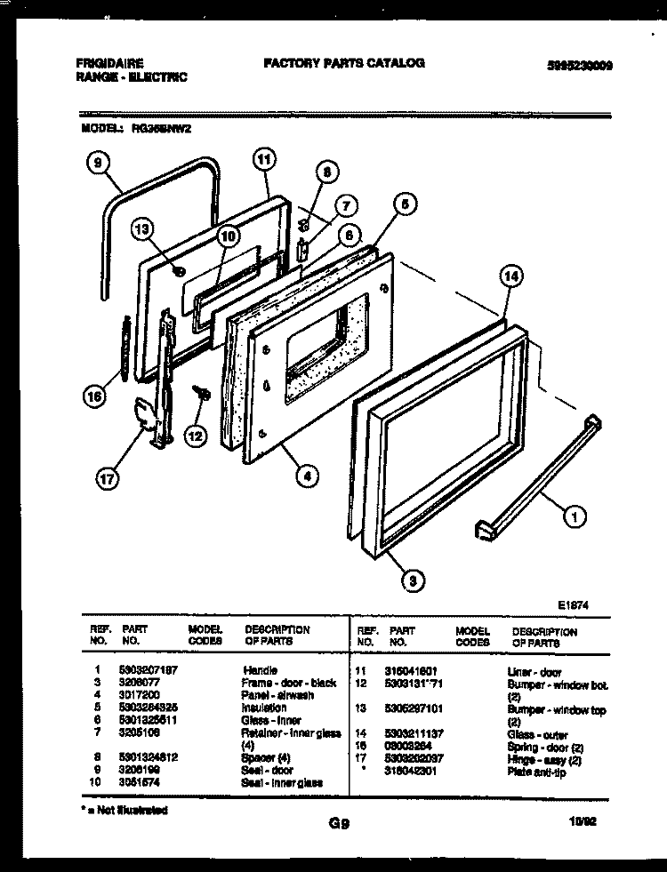 DOOR PARTS Diagram and Parts List for RG36BNL2  Frigidaire Range