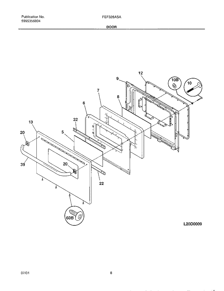 DOOR Diagram and Parts List for FEF326ASA  Frigidaire Range