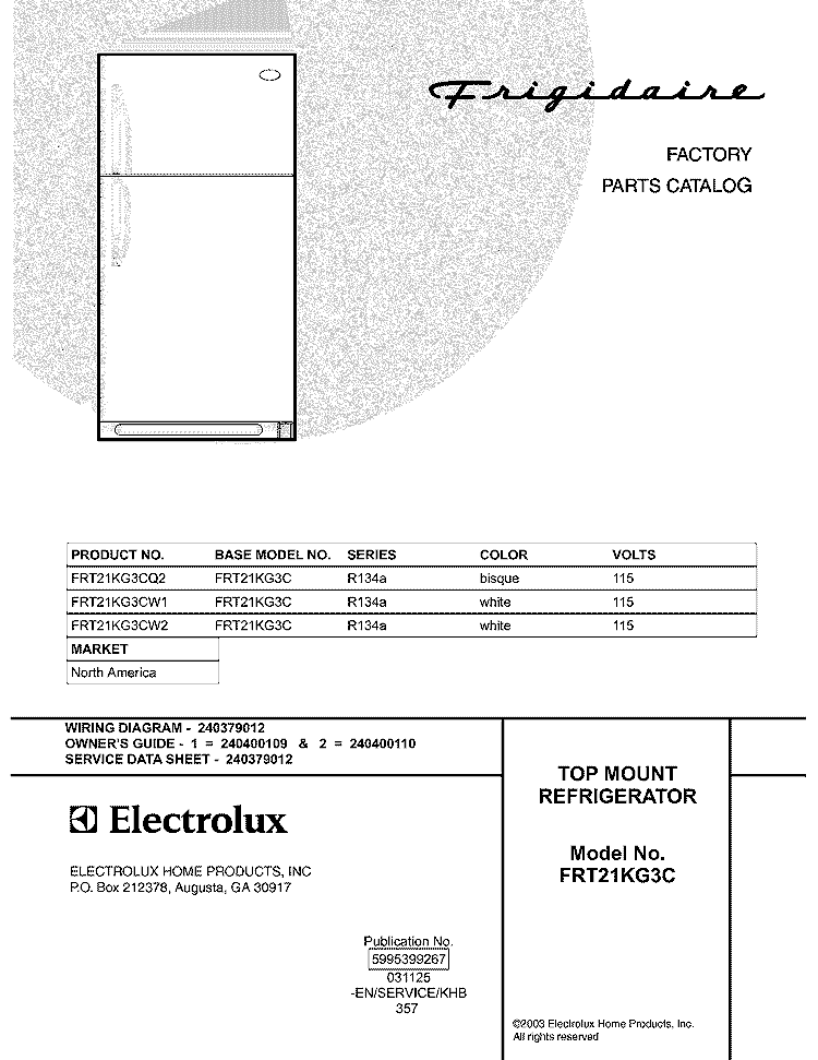 COVER Diagram and Parts List for FRT21KG3CW2  Frigidaire Refrigerator