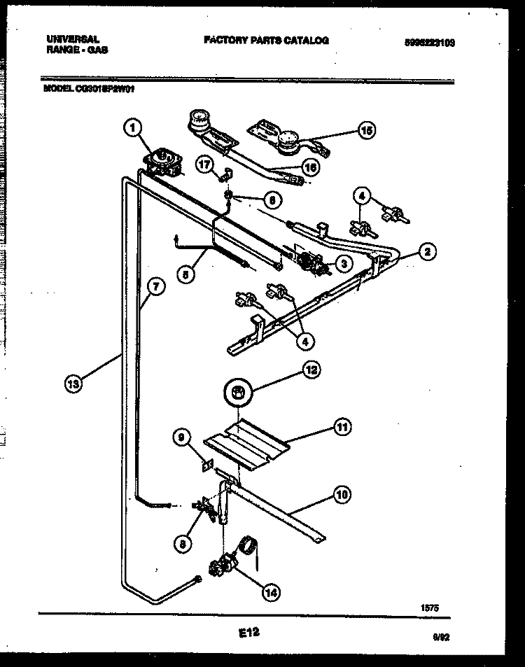 BURNER PARTS Diagram and Parts List for CG301SP2W1  Frigidaire Range