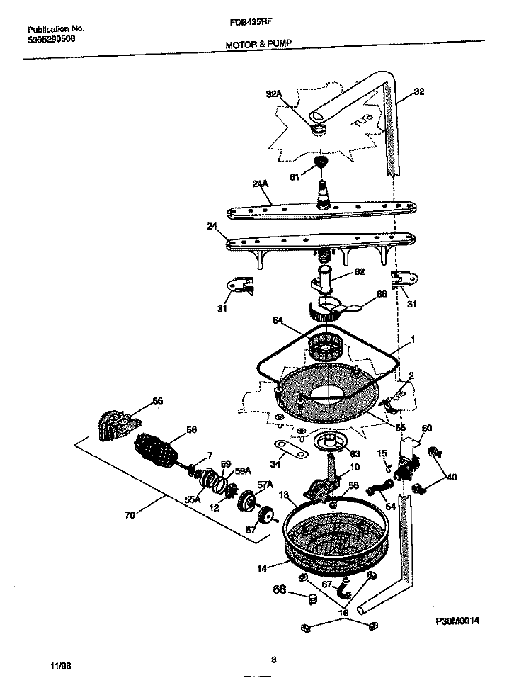 MOTOR & PUMP Diagram and Parts List for FDB435RFR1  Frigidaire Dishwasher