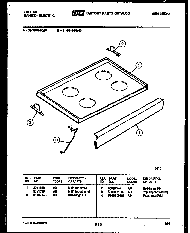 COOKTOP PARTS Diagram and Parts List for 31-2649-00-03  Tappan Range