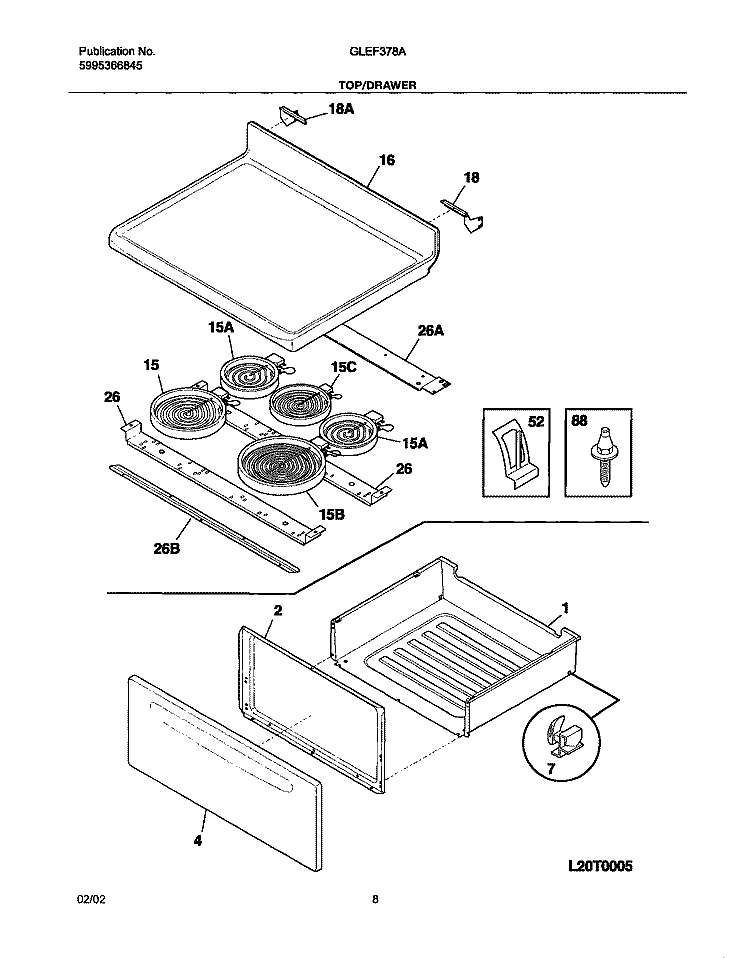 TOP / DRAWER Diagram and Parts List for GLEF378AQE  Frigidaire Range