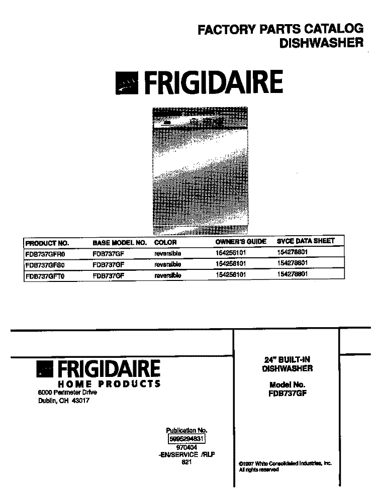 COVER Diagram and Parts List for FDB737GFT0  Frigidaire Dishwasher