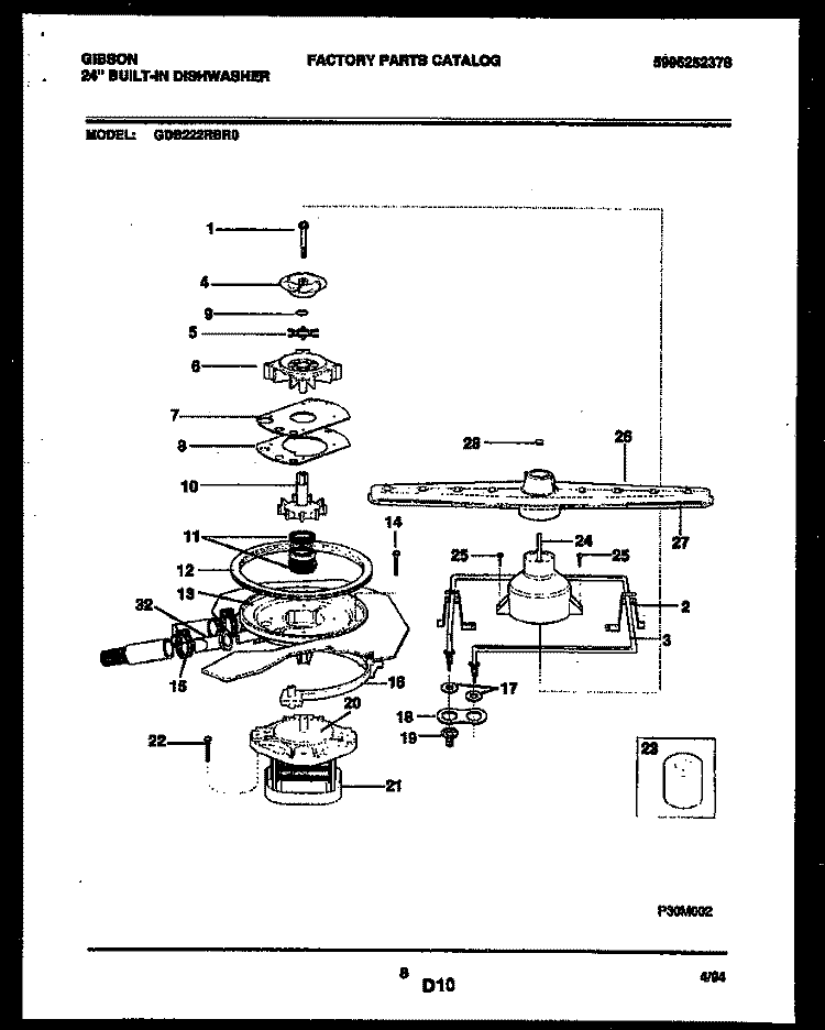 MOTOR PUMP PARTS Diagram and Parts List for GDB222RBR0  Gibson Dishwasher
