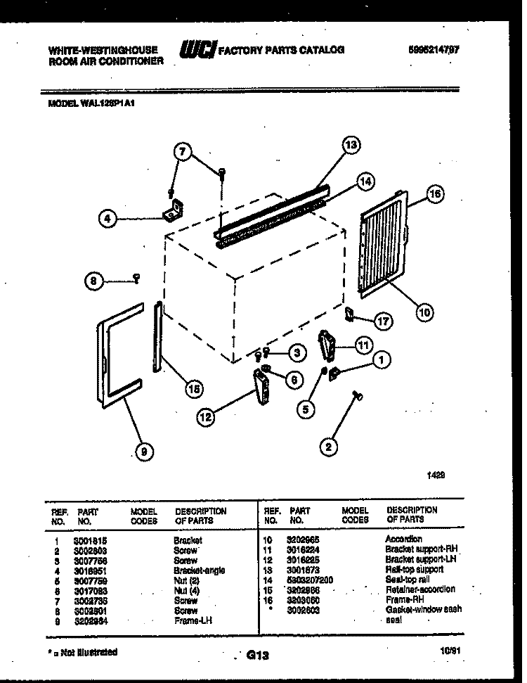CABINET AND INSTALLATION PARTS Diagram and Parts List for WAL125P1A1  Frigidaire Air Conditioner