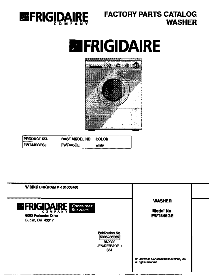 COVER Diagram and Parts List for FWT445GES0  Frigidaire Washer