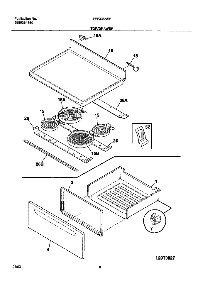 TOP / DRAWER Diagram and Parts List for FEF336ASF  Frigidaire Range