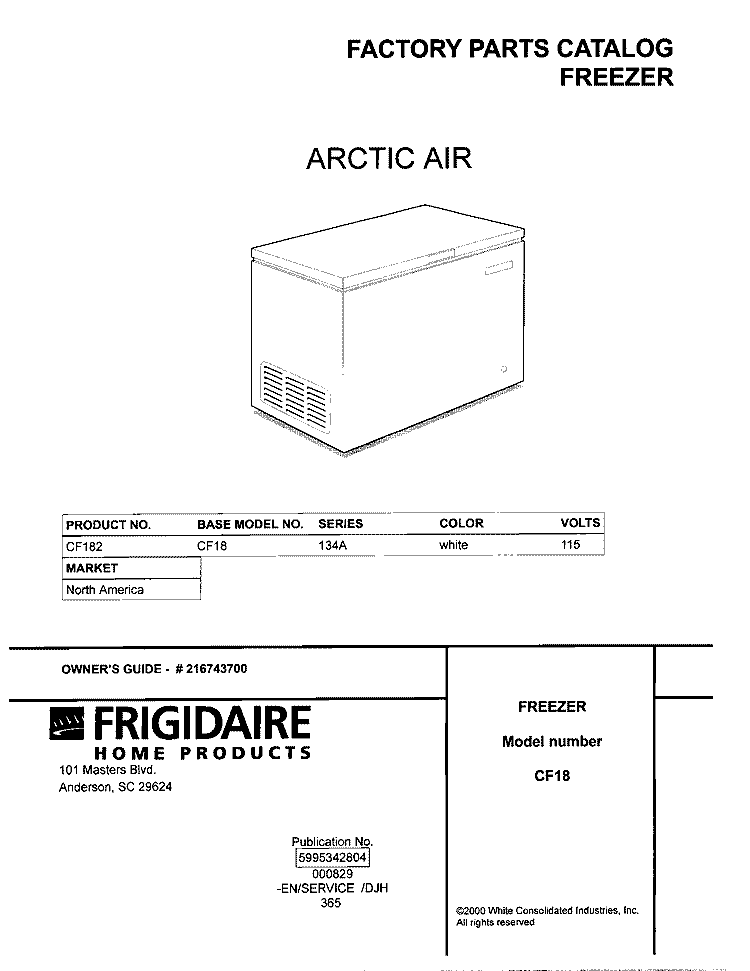 COVER Diagram and Parts List for CF182  Frigidaire Freezer