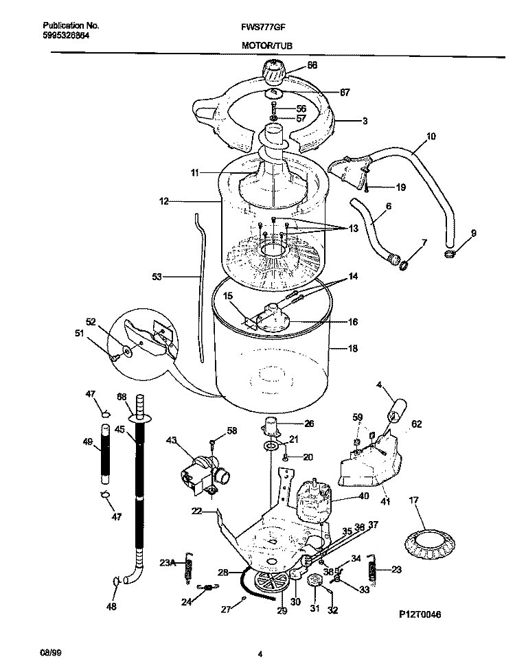 MOTOR / TUB Diagram and Parts List for FWS777GFT0  Frigidaire Washer
