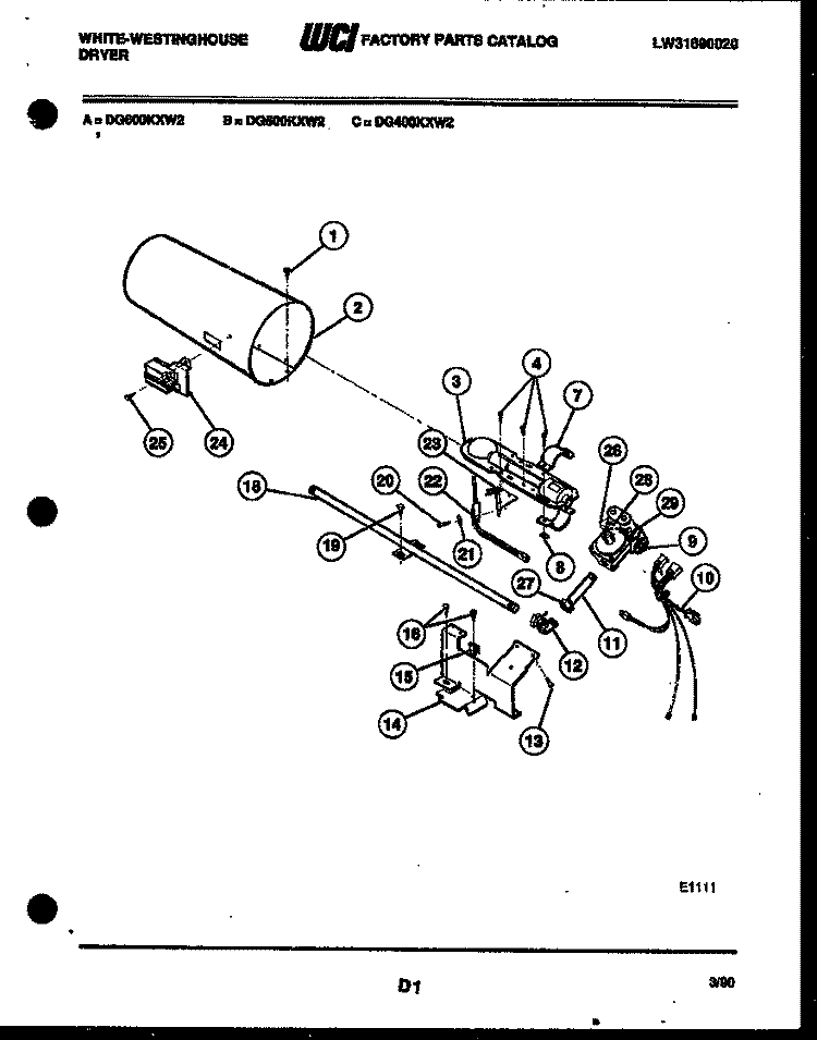 BURNER, IGNITER AND VALVE Diagram and Parts List for DG500KXW2  Frigidaire Dryer
