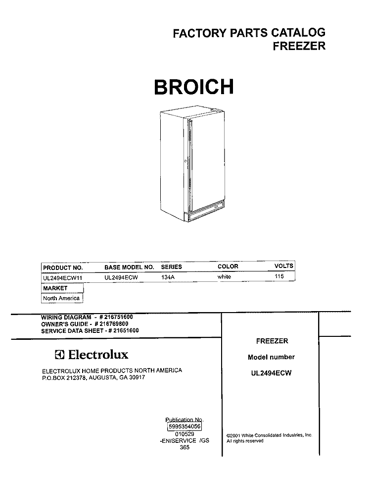 COVER Diagram and Parts List for UL2494ECW11  Frigidaire Freezer