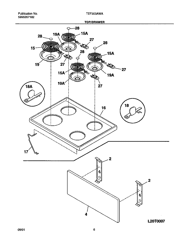 TOP / DRAWER Diagram and Parts List for TEF303AWA  Tappan Range