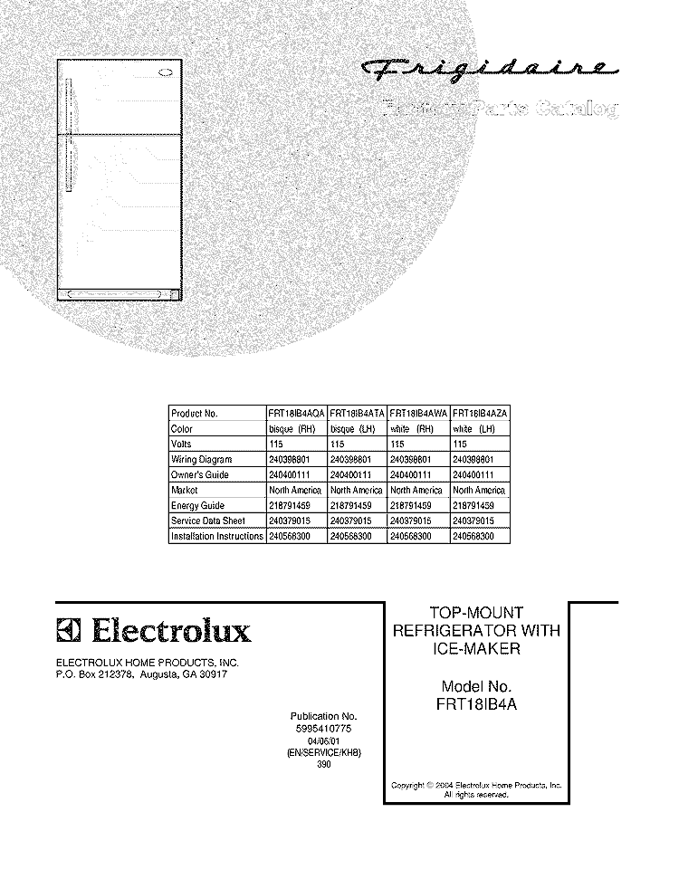 COVER Diagram and Parts List for FRT18IB4AZA  Frigidaire Refrigerator