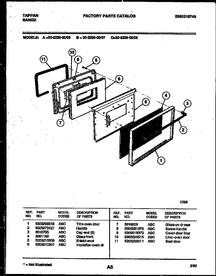DOOR PARTS Diagram and Parts List for 30-2239-00-07  Tappan Range