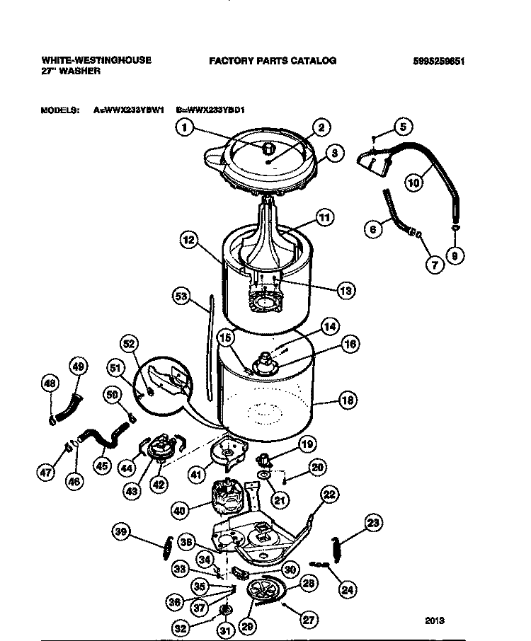 TUBS, HOSES, MOTOR Diagram and Parts List for WWX233YBD1  Frigidaire Washer