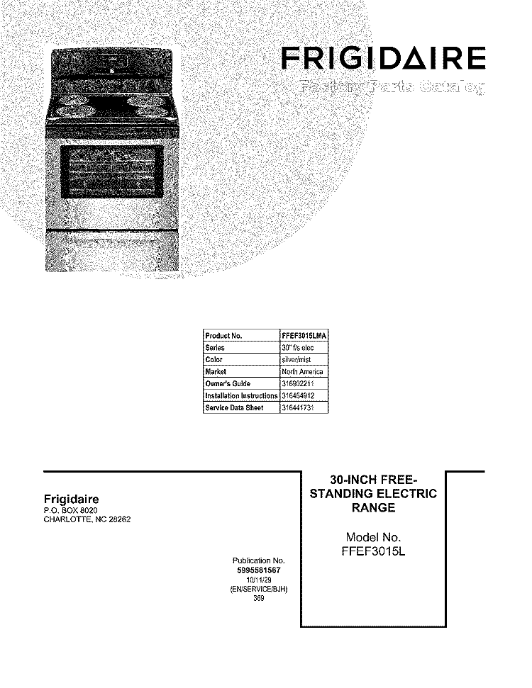 COVER Diagram and Parts List for FFEF3015LMA  Frigidaire Range