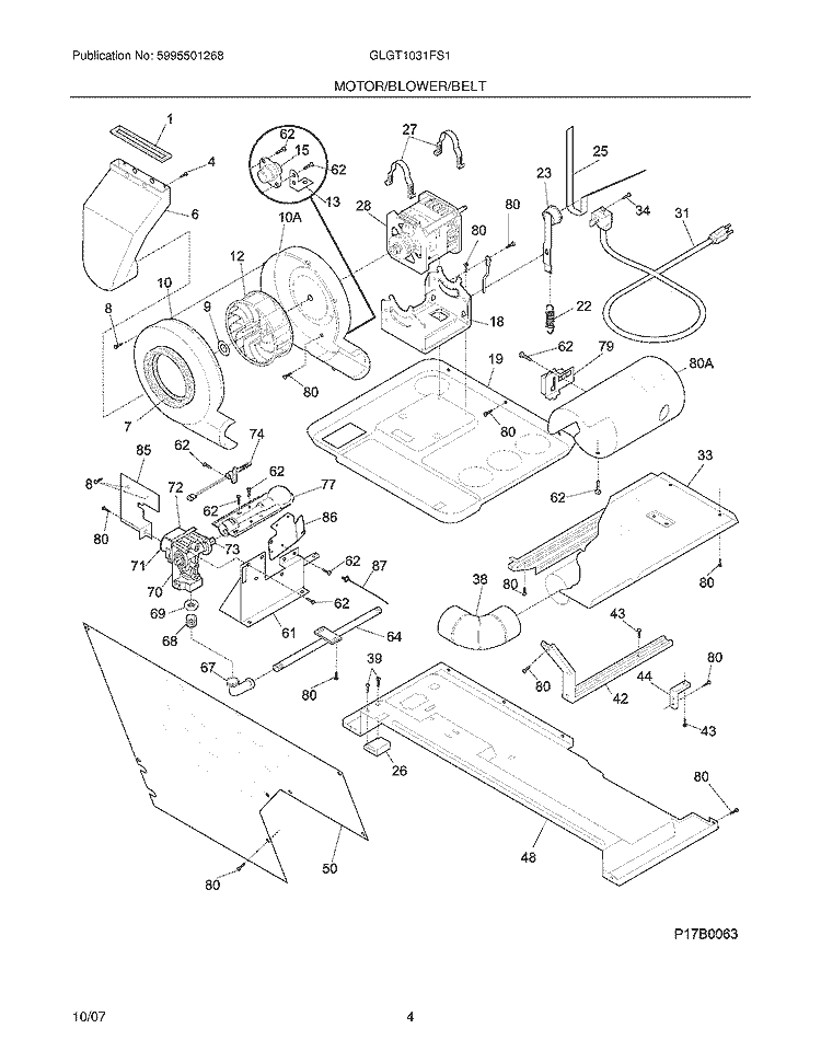 MOTOR / BLOWER / BELT Diagram and Parts List for GLGT1031FS1  Frigidaire Washer Dryer Combo