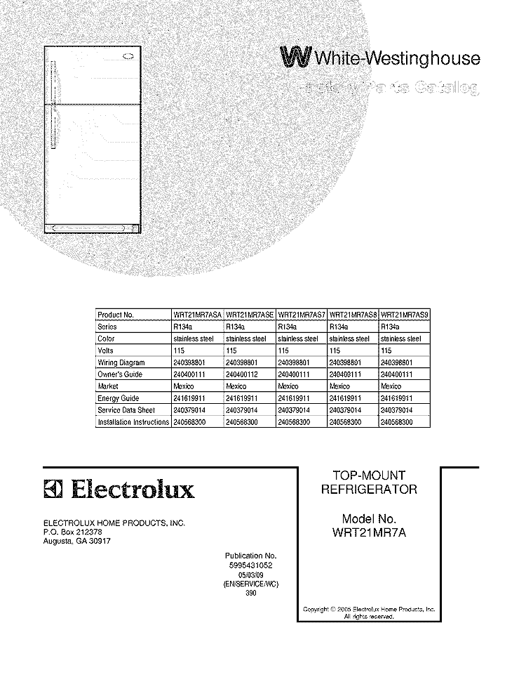 COVER Diagram and Parts List for WRT21MR7AS9  Westinghouse Refrigerator
