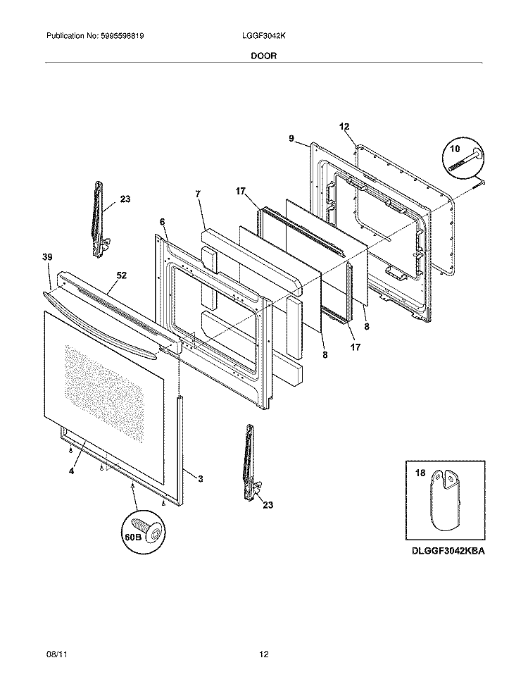 DOOR Diagram and Parts List for LGGF3042KWA  Frigidaire Range