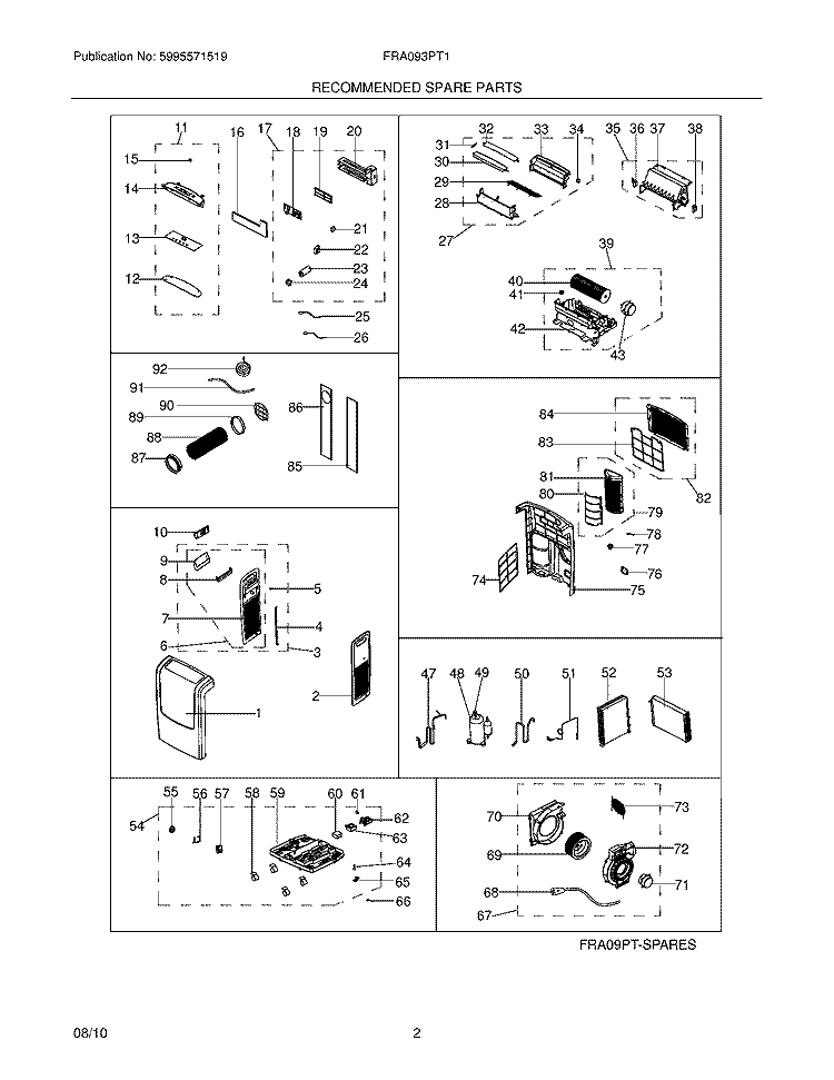 RECOMMENDED SPARE PARTS Diagram and Parts List for FRA093PT10  Frigidaire Air Conditioner