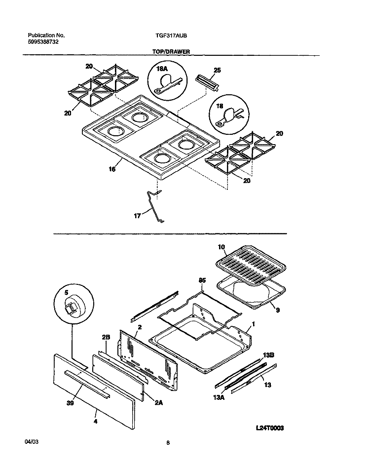 TOP / DRAWER Diagram and Parts List for TGF317AUB  Tappan Range