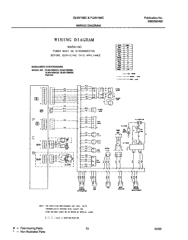 WIRING DIAGRAM Diagram and Parts List for GLMV168CB1  Frigidaire Microwave