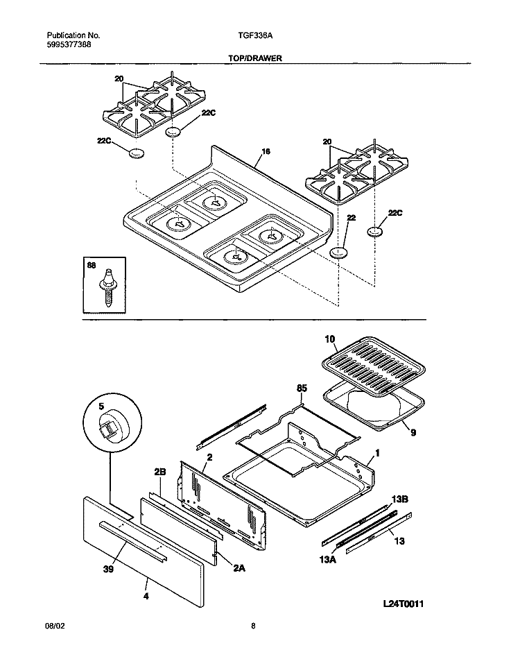 TOP / DRAWER Diagram and Parts List for TGF336AWC  Tappan Range