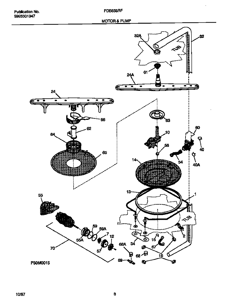 MOTOR & PUMP Diagram and Parts List for FDB635RFR3  Frigidaire Dishwasher