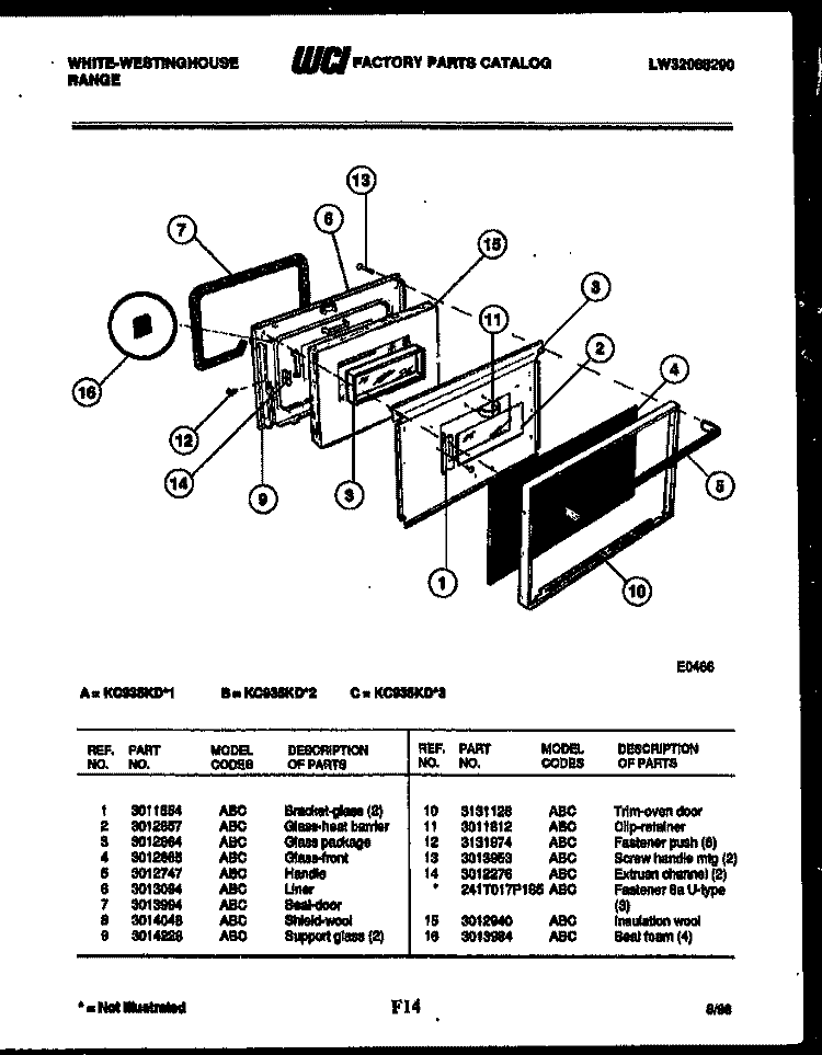 UPPER OVEN DOOR PARTS Diagram and Parts List for KC935KDD2  Frigidaire Range