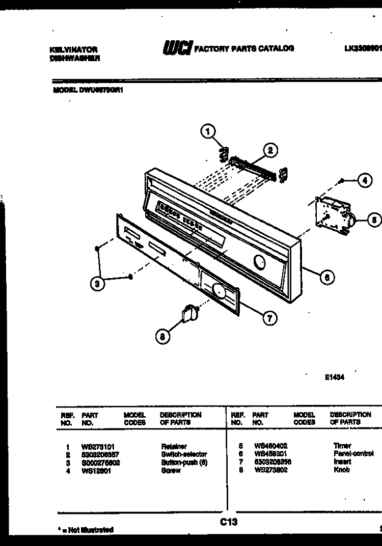 CONTROL PANELS Diagram and Parts List for DWU6075GR1  Kelvinator Dishwasher