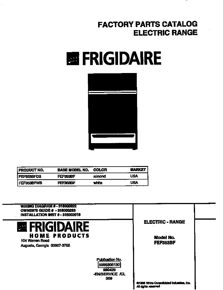 COVER Diagram and Parts List for FEF353BFDB  Frigidaire Range