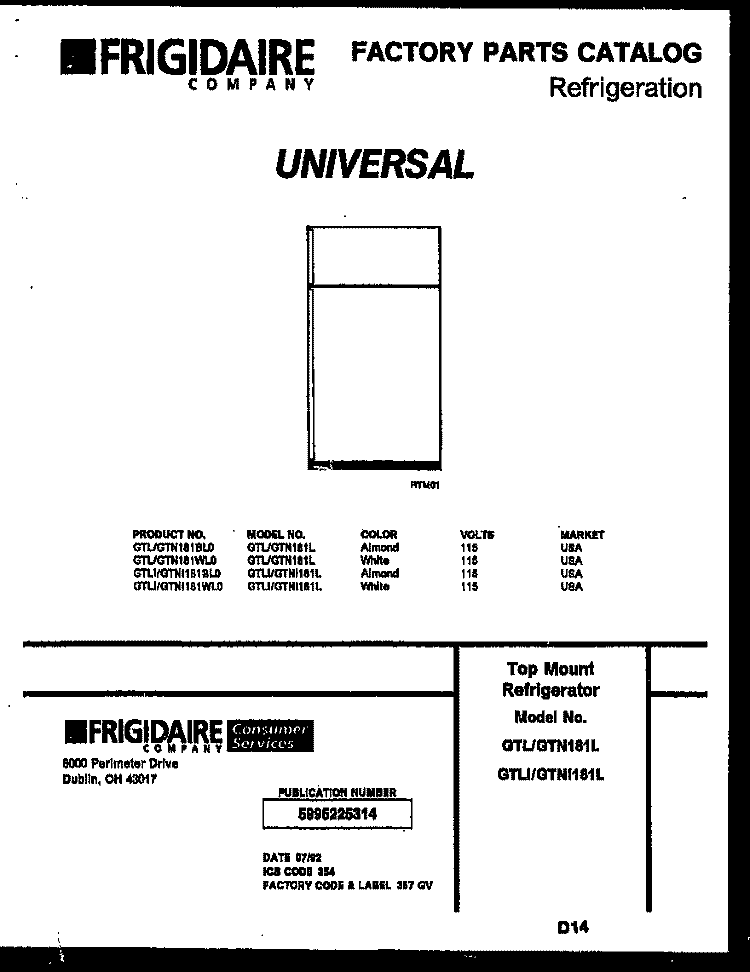 COVER Diagram and Parts List for GTL181BL0  Frigidaire Refrigerator
