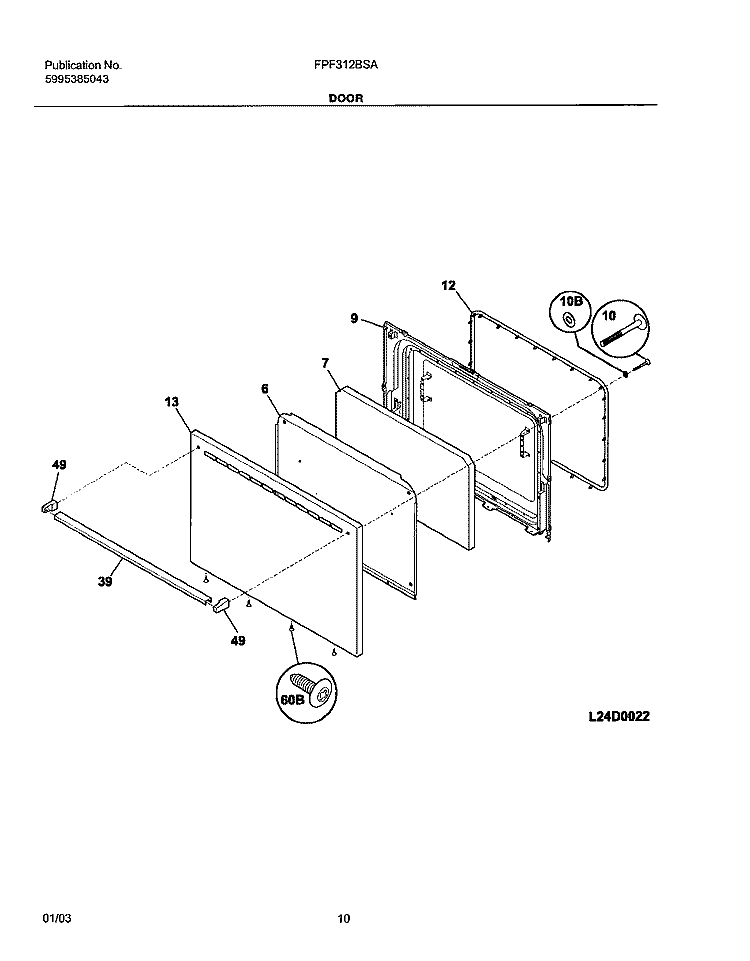 DOOR Diagram and Parts List for FPF312BSA  Frigidaire Range