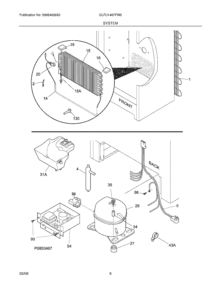 SYSTEM Diagram and Parts List for GLFU1467FW0  Frigidaire Freezer