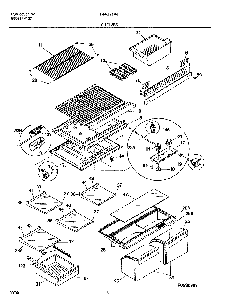 SHELVES Diagram and Parts List for F44Q21RJD1  Frigidaire Refrigerator