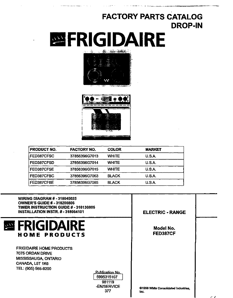 COVER Diagram and Parts List for FED387CFBE  Frigidaire Wall Oven