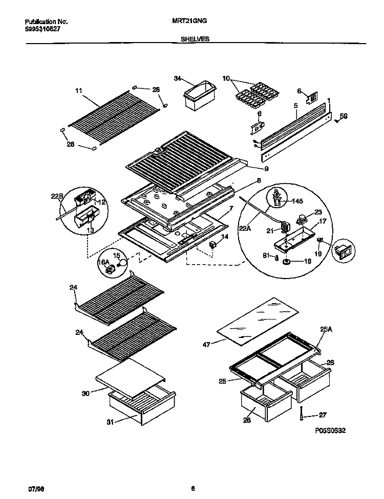 SHELVES Diagram and Parts List for M4521GNGW1  Frigidaire Refrigerator