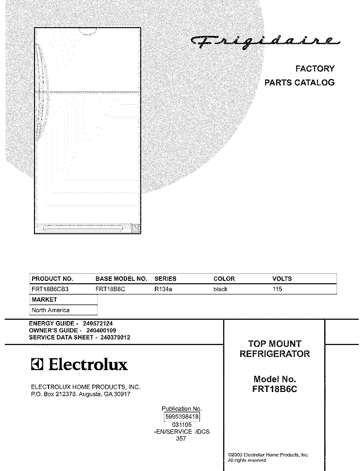 COVER Diagram and Parts List for FRT18B6CB3  Frigidaire Refrigerator