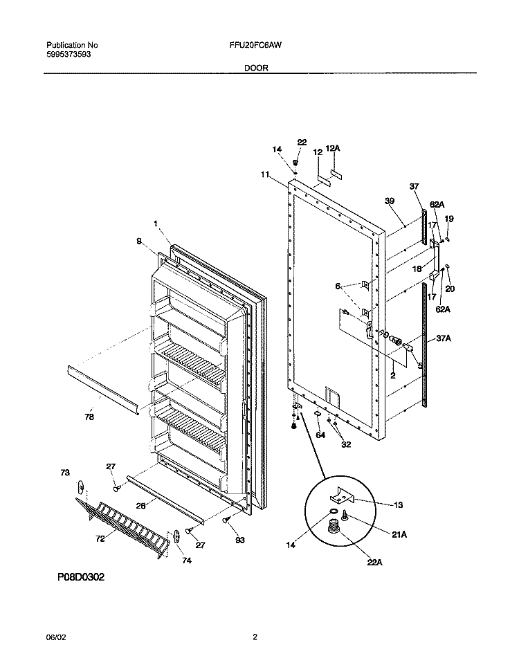 DOOR Diagram and Parts List for FFU20FC6AW4  Frigidaire Freezer