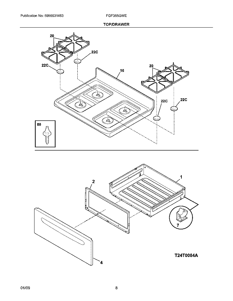 TOP/DRAWER Diagram and Parts List for FGF355GWE  Frigidaire Range