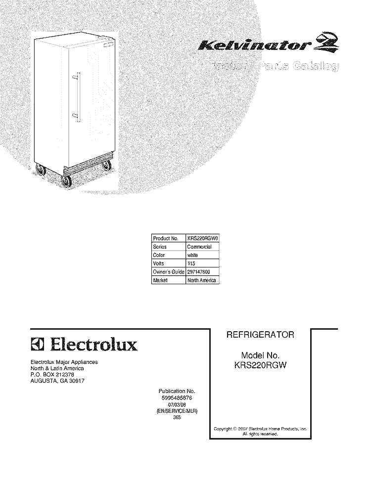 COVER Diagram and Parts List for KRS220RGW0  Kelvinator Refrigerator
