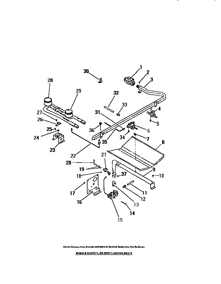 BURNERS, IGNITORS, CONTROLS Diagram and Parts List for GG26PCW2  Frigidaire Range