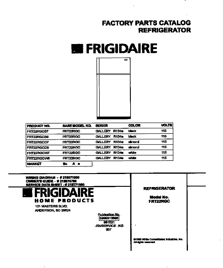 COVER Diagram and Parts List for FRT22RGCB8  Frigidaire Refrigerator