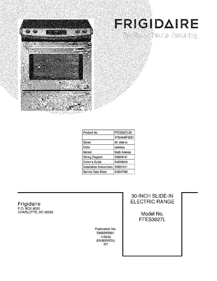 COVER Diagram and Parts List for FFES3027LSA  Frigidaire Range