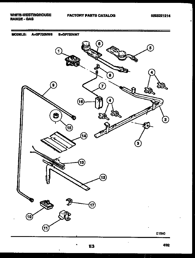 BURNER, MANIFOLD AND GAS CONTROL Diagram and Parts List for GF720NW6  Frigidaire Range